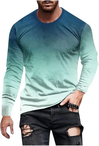 Vista 6 de Camisas para hombre, estilo casual, elegante, manga larga, color degradado, cuello redondo, sudaderas grandes y altas para entrenamiento de gimnasio