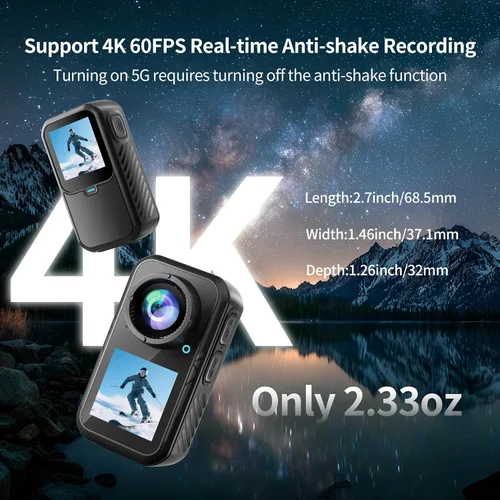 Vista 6 de Mini cámara de acción 4K, estabilización EIS, gran angular de 130°, pantalla táctil dual, grabación previa, impermeable para vlogging, aventuras al