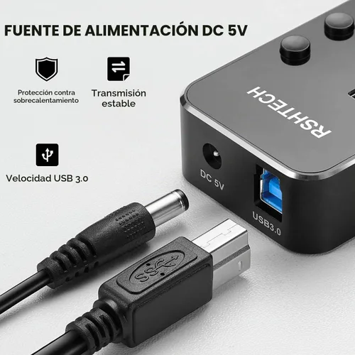 Vista 3 de RSHTECH - Concentrador USB 3.0 de 4 puertos alimentado, divisor de concentrador de datos USB de aluminio portátil con interruptor individual