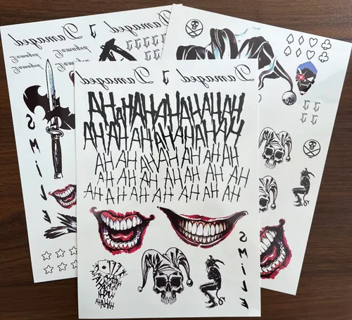 Vista 2 de 3 hojas de tatuajes temporales PadOUN The Joker, tatuajes falsos de Halloween de Suicde Squad, tatuaje adhesivo para disfraces de Halloween