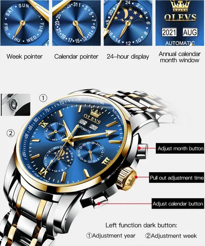 Vista 5 de OLEVS Watch Men Automatic Self Winding Watches for Men Stainless Steel Mechanical Diver Large Dial Skeleton Classic Waterproof Diamond Date Men's