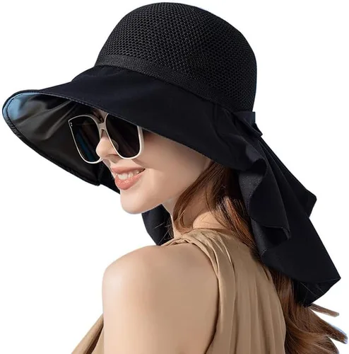 Vista 6 de Sombrero de sol para mujer de malla transpirable de secado rápido UPF 50+ con solapa para el cuello, ala ancha, gorra de playa para pesca Beige