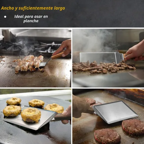 Vista 7 de Juego de espátulas de metal de acero inoxidable para plancha, espátula raspadora para parrilla para BBQ/parrilla superior plana, mango de espiga