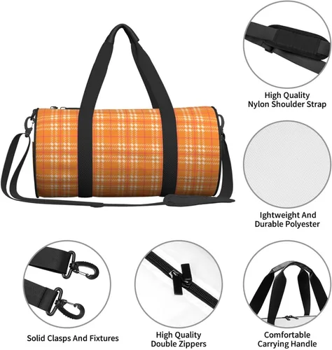 Vista 4 de Large Duffle Bag for Travel - Retro Orange Plaid Print 1 Gym Bag for Women Men, Travel Foldable Bags for Women Men with Zippered Multiple Pockets
