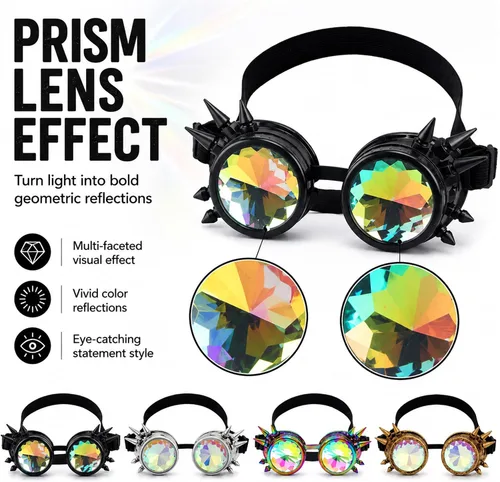 Vista 4 de Anteojos para fiesta con lentes de cristal diseño de caleidoscopio/arco iris. Entrega en 3-5 días. Crystal Lenses, Ideal for Cosplay,Rave,Costume