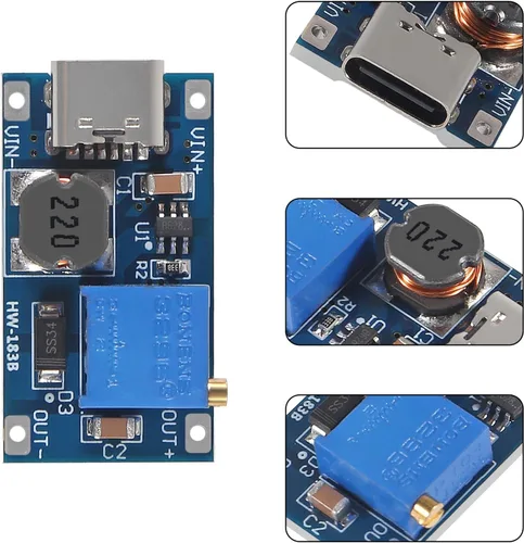 Vista 3 de AITRIP 10 Piezas Convertidor Boost DC-DC Tipo-C MT3608 2A Módulo Ajustable Regulador de Voltaje de la Placa Voltaje de Entrada 2 Volt-24 Volt a 5