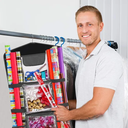 Vista 7 de ProPik Organizador de Almacenamiento de Papel de Regalo Colgante de Doble Cara con Múltiples Bolsillos Organiza tu Papel de Regalo, Bolsas