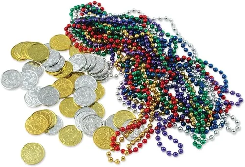 Vista 11 de Beistle 100 monedas de plástico en relieve de plata para casino occidental y tema pirata, recuerdos de fiesta del cofre del tesoro, 1.5 pulgadas