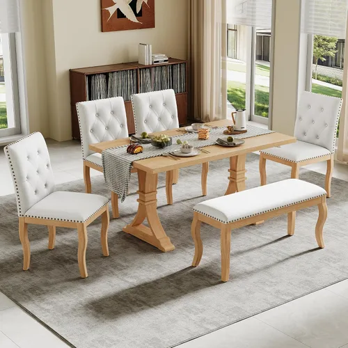 Vista 42 de Juego de mesa de comedor rústica de 6 piezas con mesa rectangular de caballete y 4 sillas tapizadas y banco, juego de mesa de comedor de cocina
