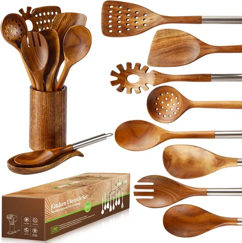 Vista 10 de Cucharón de madera de 3 tamaños, cucharas de madera para cocinar, cucharón de madera para sopa, teca natural, cuchara de madera antiadherente