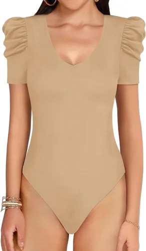 Vista 2 de MANGOPOP Body para mujer, cuello en V profundo, hombros descubiertos, manga corta, ajustado, traje de cuerpo casual, blusa elegante