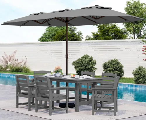 Vista 26 de SERWALL Juego de mesa de comedor de 7 piezas, muebles de comedor de polietileno de alta densidad para exteriores con agujero para paraguas y 6 Negro