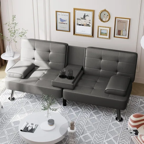 Vista 6 de Shahoo - Sofá cama convertible tipo futón plegable para sala de estar, sofá cama con respaldo tapizado de cuero sintético, sillón con reposabrazos