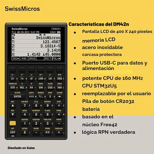Vista 5 de SwissMicros Calculadora RPN DM42n: software HP 42S, carcasa de acero inoxidable 316L, precisión de 34 dígitos y solucionador de matriz