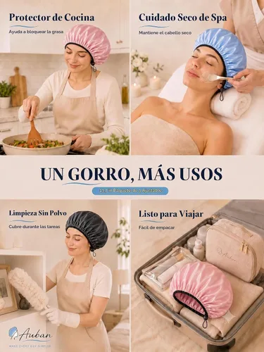 Vista 8 de Auban Gorro de ducha para mujer, ajustable, reutilizable, extragrande, gorro de baño impermeable de doble capa, exterior impermeable, forro de EVA