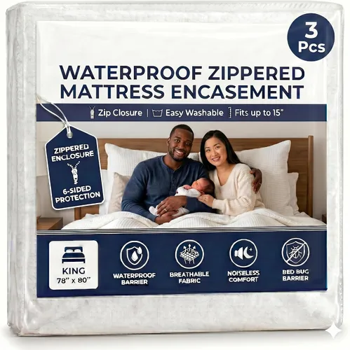 Vista 12 de EcoLaire - Protector de colchón tamaño Queen, impermeable, a prueba de ácaros, 6 lados con 3 cremalleras laterales, 60 x 80 x 13 pulgadas