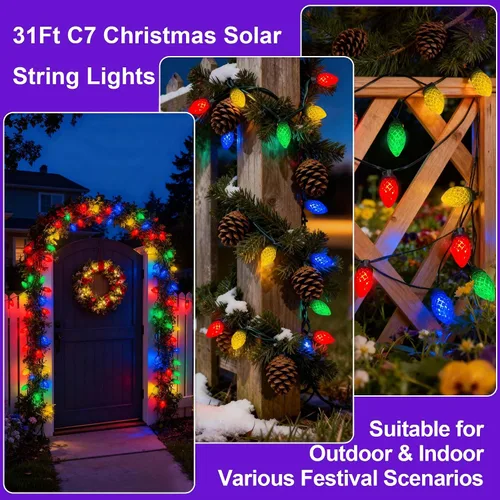 Vista 3 de ITICdecor C7 - Guirnalda de luces solares de fresa, 31 pies, 50 luces LED coloridas IP65, impermeable, encendido/apagado automático, cable verde