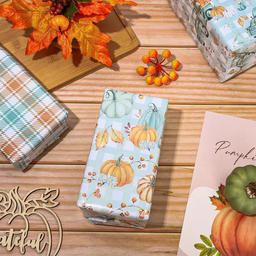 Vista 5 de Whaline 12 hojas de papel de regalo de calabaza de otoño, bohemio, pastel, calabaza, camión, papel de regalo, a cuadros blancos cian, manualidades