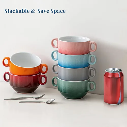 Vista 6 de LOVECASA Cuencos de Sopa Multicolor de 12 OZ con Asas, Cuencos Pequeños de Cerámica para Sopa de Cebolla Francesa, Mini Tazas de Sopa Cuencos