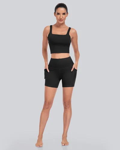 Vista 2 de CHRLEISURE - 6 paquetes de pantalones cortos de mujer estilo biker con bolsillo, pantalones cortos de elastano de control de abdomen de 5 pulgadas