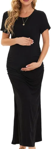 Vista 3 de Ever-Pretty Vestido casual de maternidad para mujer, cuello redondo, manga corta, entallado, fruncido, dividido, longitud al suelo, 40057-EY