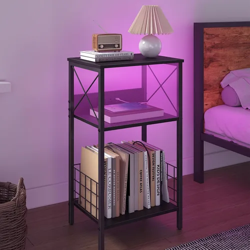 Vista 7 de Sthmec - Mesa auxiliar de 3 niveles con estación de carga, tocadiscos LED para almacenamiento de vinilo, estante de discos para álbumes, mesas Negro