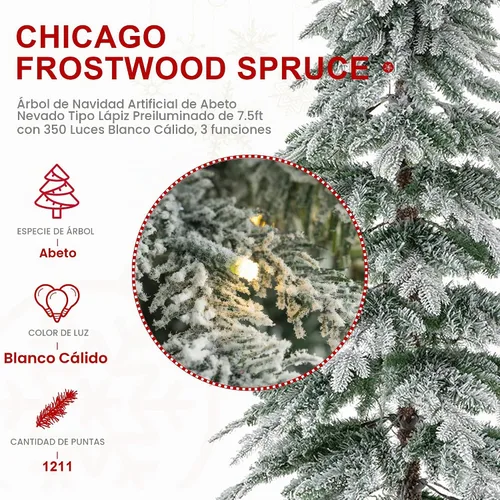 Vista 4 de Glitzhome Árbol de Navidad Artificial de 7.5 pies, Árbol de Navidad Tipo Lápiz Preiluminado con Efecto Nevado Chicago Frostwood Spruce con 350 Luces