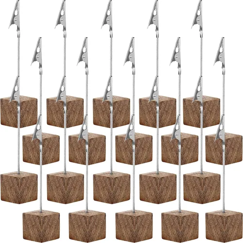 Vista 10 de Gersoniel 20 Piezas Soporte de Clip para Notas Base Cúbica con Clip de Cocodrilo Soporte de Números de Mesa de Madera Base Cúbica Soporte