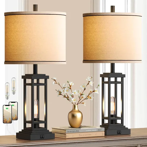 Vista 10 de ROTTOGOON Lámpara de mesa de granja de 27.5 pulgadas de altura con puertos de carga USB C + USB A, lámpara rústica para sala de estar, lámpara