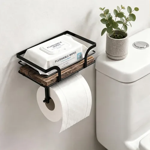Vista 5 de Soporte de papel higiénico rústico de granja con estante – Decoración rústica de baño de granja – Accesorios de baño rústicos con estante de madera