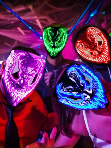 Vista 6 de Venobat Máscara de Halloween con luz LED para adultos y niños paquete de 2 máscaras de neón de ojos brillantes oscuros y malvados con 3 modos