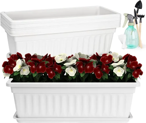 Vista 8 de HOXHA Paquete de 6 jardineras para ventana, jardineras de plástico de 17 pulgadas para vegetales y flores con bandeja, macetas rectangulares