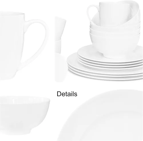Vista 4 de Bone China - Juego de vajilla de 16 piezas, servicio para 4, blanco, apto para microondas, apto para lavavajillas, resistente a las astillas