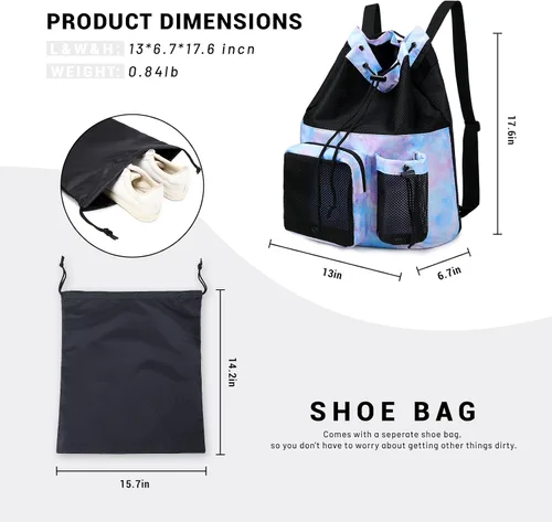 Vista 3 de Lohol Mochila grande de malla con cordón y bolsa para zapatos, saco de natación duradero con asa para deportes, gimnasio, yoga, playa, viajes