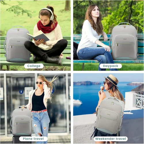 Vista 8 de LOVEVOOK Mochila de viaje grande de 40L para mujeres y hombres, mochila de mano aprobada por aerolíneas, Gris- verde, Mochila de viaje