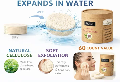 Vista 3 de Esponjas faciales comprimidas, paquete de 60 – Esponja facial de celulosa natural para limpieza, eliminación de maquillaje, exfoliación, lavado