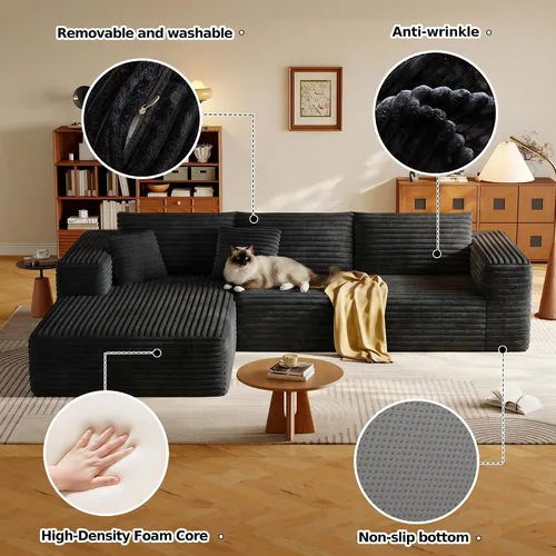 Vista 5 de Sofá Seccional Modular de 108.2" con Asiento Profundo, Sofá de Pana en Forma de L sin Estructura, Comodidad Moderna, Sofá Nube de Gran