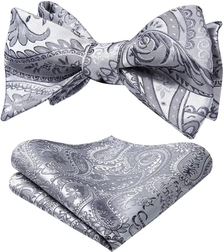 Vista 111 de HISDERN Pajaritas para hombre, corbatín de cachemira para hombre, corbata de lazo y bolsillo cuadrado, juego formal de esmoquin para boda