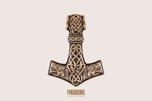 Vista 3 de Mjolnir Pendant with Wolves - Thor's Hammer Necklace Size Medium - Viking Jewelry - Scandinavian Nordic Style - Norse Jewelry for Men Women