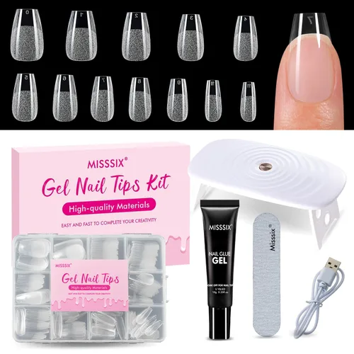 Vista 13 de Misssix Kit de puntas de uñas de gel cortas en forma de almendra, 216 piezas de uñas postizas transparentes pregrabadas, uñas postizas de cobertura