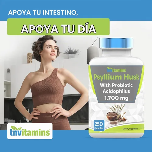 Vista 3 de tnvitamins Cápsulas de cáscara de psyllium 1700 mg - 250 cápsulas con probiótico Acidophilus Suplemento de fibra soluble y dietética extra