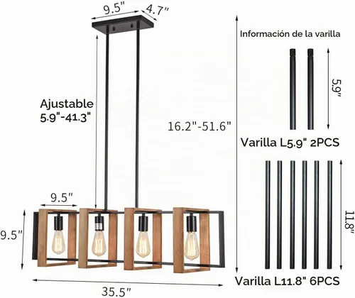 Vista 2 de Lámpara colgante de comedor de granja, para isla de cocina, rústica, 4 luces, madera y metal negro, lámpara rectangular para colgar en el techo