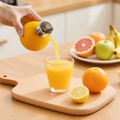 Vista 8 de Exprimidor de limón de acero inoxidable, exprimidor manual de cítricos, exprimidor de mano resistente con tapa de rosca para limones, limas