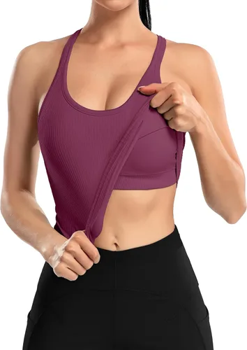 Vista 109 de ATTRACO Camiseta corta acanalada de entrenamiento para mujer con brasier integrado para yoga, espalda cruzada, ajuste ajustado