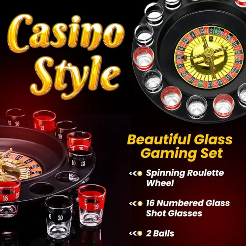 Vista 3 de Juego de Beber de Ruleta de Vidrio - Estilo Casino Con 2 Bolas y 16 Vasos