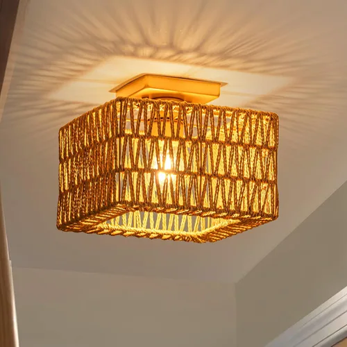 Vista 2 de Rpzloila Lámpara de Techo de Ratán, Accesorio de Luz Bohemia Dorada, Lámpara de Techo Cuadrada de Montaje Empotrado para Dormitorio, Pasillo