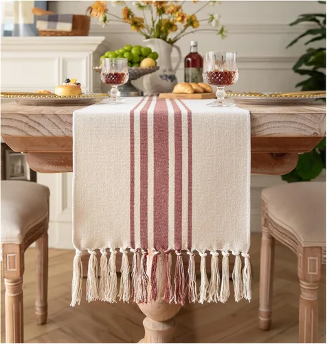 Vista 11 de Camino de mesa bohemio para decoración moderna de granja, decoración de mesa de comedor de 13 x 72 pulgadas de largo con borlas hechas a mano