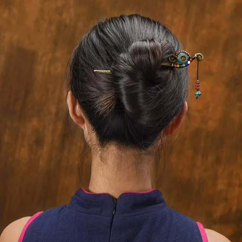 Vista 4 de Palo chino para cabello largo, horquillas de metal para moños, palillos vintage para mujeres, fiesta diaria (A)