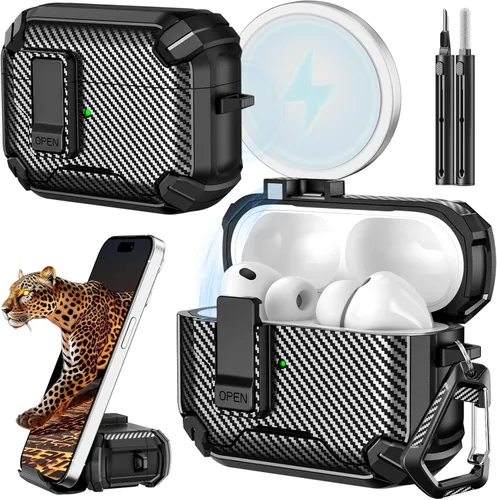 Vista 27 de Inesore Funda para AirPods Pro 1ª/2ª con bloqueo seguro (verde oscuro) Cubierta magnética de bloqueo automático con soporte para teléfono y kit