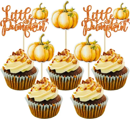 Vista 31 de 24 adornos de calabaza para cupcakes con purpurina para otoño, hojas, flores, calabaza, cupcakes, decoración de pasteles para Halloween, decoración
